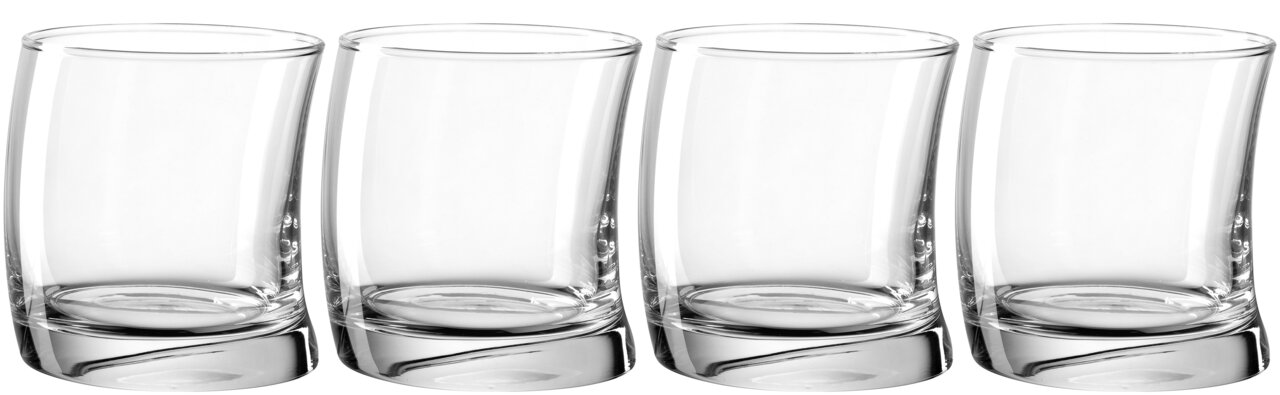 Vier transparente, zylindrische Gläser mit leicht geschwungenem Design, frontal nebeneinander angeordnet.