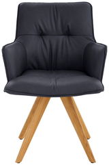 Vorderansicht eines modernen Design-Schalensessels mit schwarzem Polster und Holzbeinen.