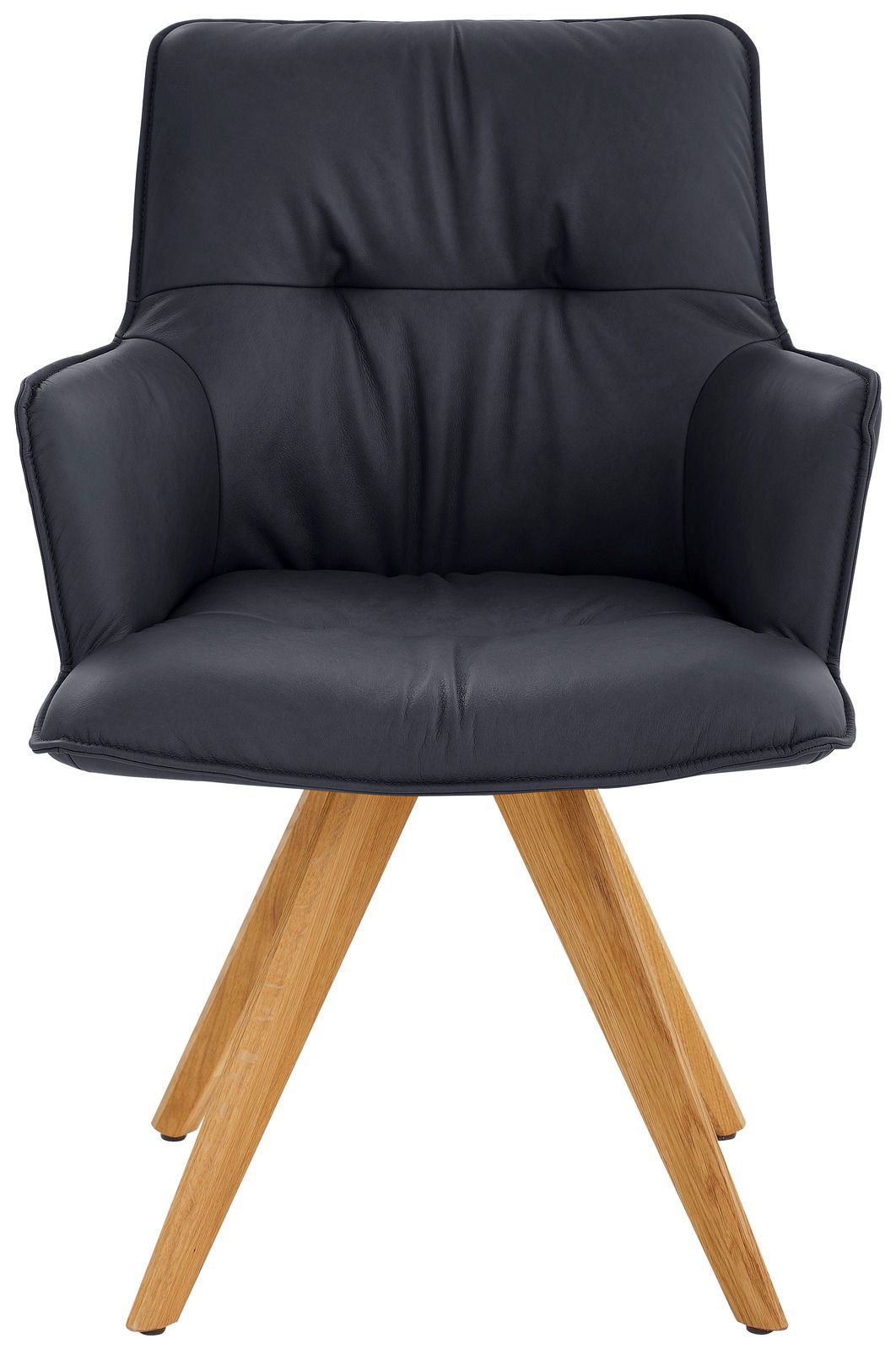 Vorderansicht eines modernen Design-Schalensessels mit schwarzem Polster und Holzbeinen.