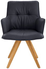 Vorderansicht eines modernen Design-Schalensessels mit schwarzem Polster und Holzbeinen.