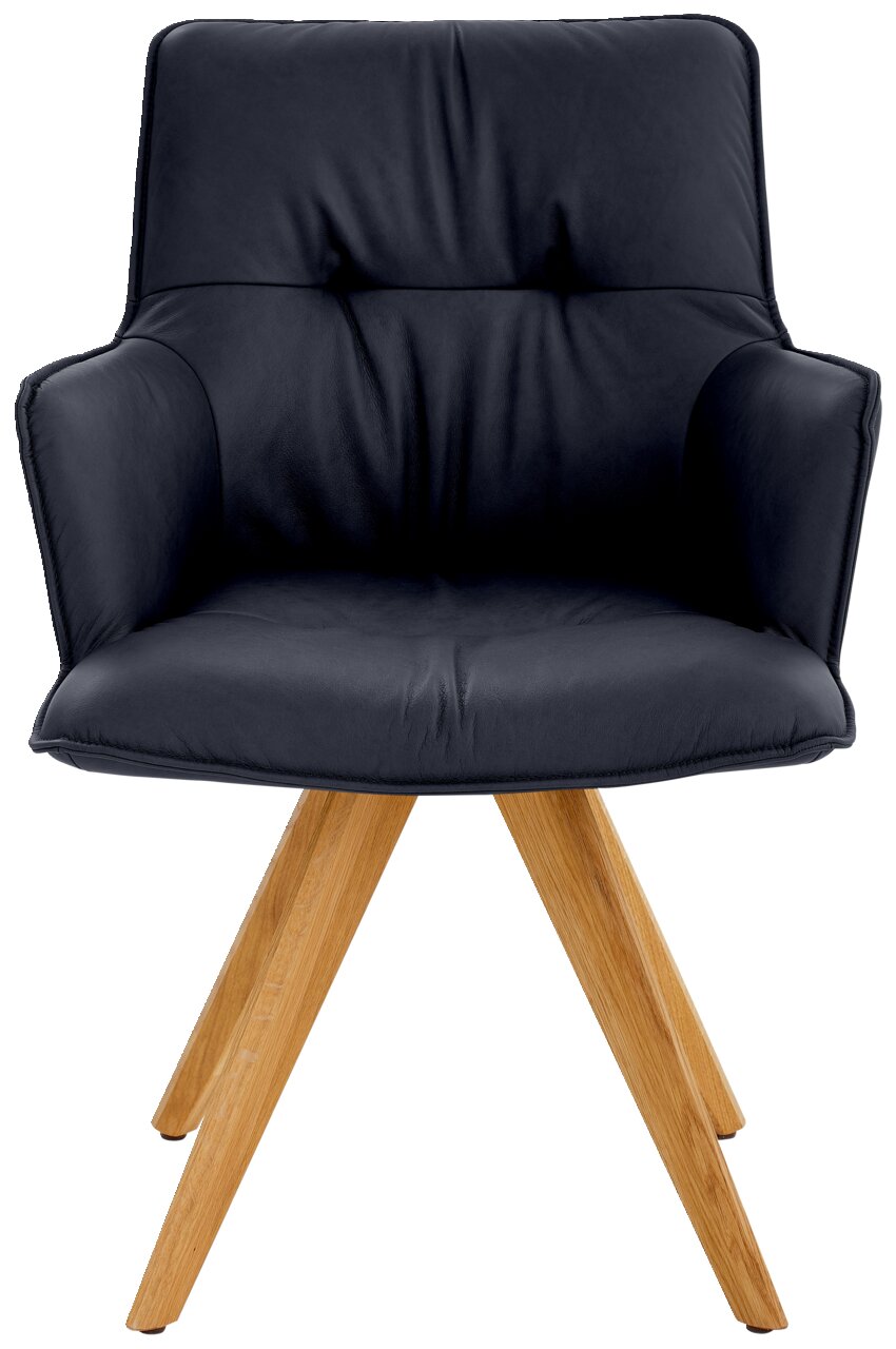 Vorderansicht eines modernen Design-Schalensessels mit schwarzem Polster und Holzbeinen.