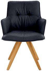 Vorderansicht eines modernen Design-Schalensessels mit schwarzem Polster und Holzbeinen.