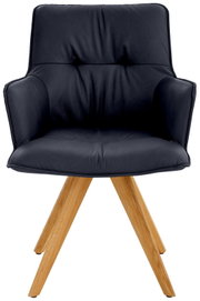 Vorderansicht eines modernen Design-Schalensessels mit schwarzem Polster und Holzbeinen.