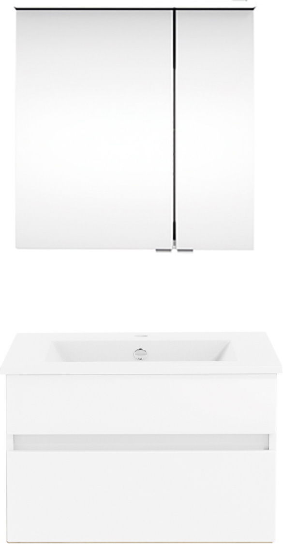 Frontale Ansicht einer modernen Badkombination aus der Serie NEXT4YOU von Puris, bestehend aus einem weißen Waschtisch mit integriertem Waschbecken und einem darüber hängenden Spiegelschrank.