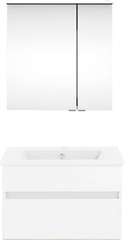 Frontale Ansicht einer modernen Badkombination aus der Serie NEXT4YOU von Puris, bestehend aus einem weißen Waschtisch mit integriertem Waschbecken und einem darüber hängenden Spiegelschrank.