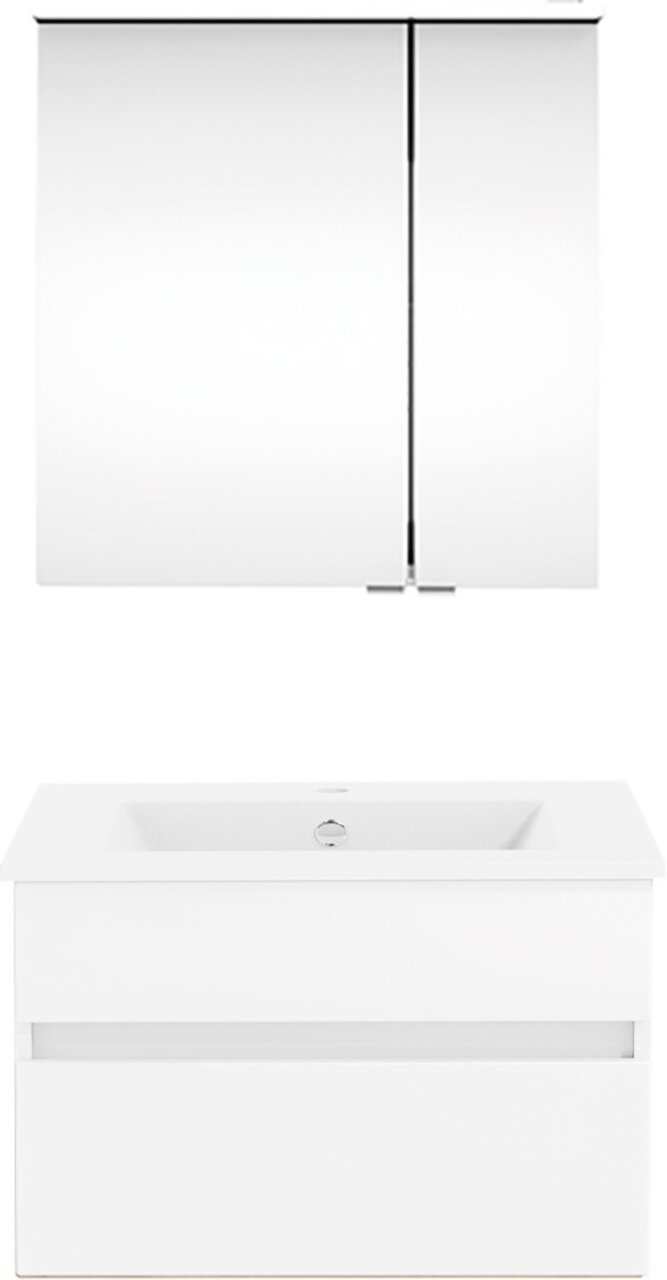 Vooraanzicht van een moderne badkamercombinatie uit de NEXT4YOU-serie van Puris, bestaande uit een witte wastafel met geïntegreerde wasbak en een daarboven hangende spiegelkast.