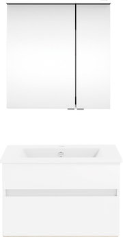 Vooraanzicht van een moderne badkamercombinatie uit de NEXT4YOU-serie van Puris, bestaande uit een witte wastafel met geïntegreerde wasbak en een daarboven hangende spiegelkast.