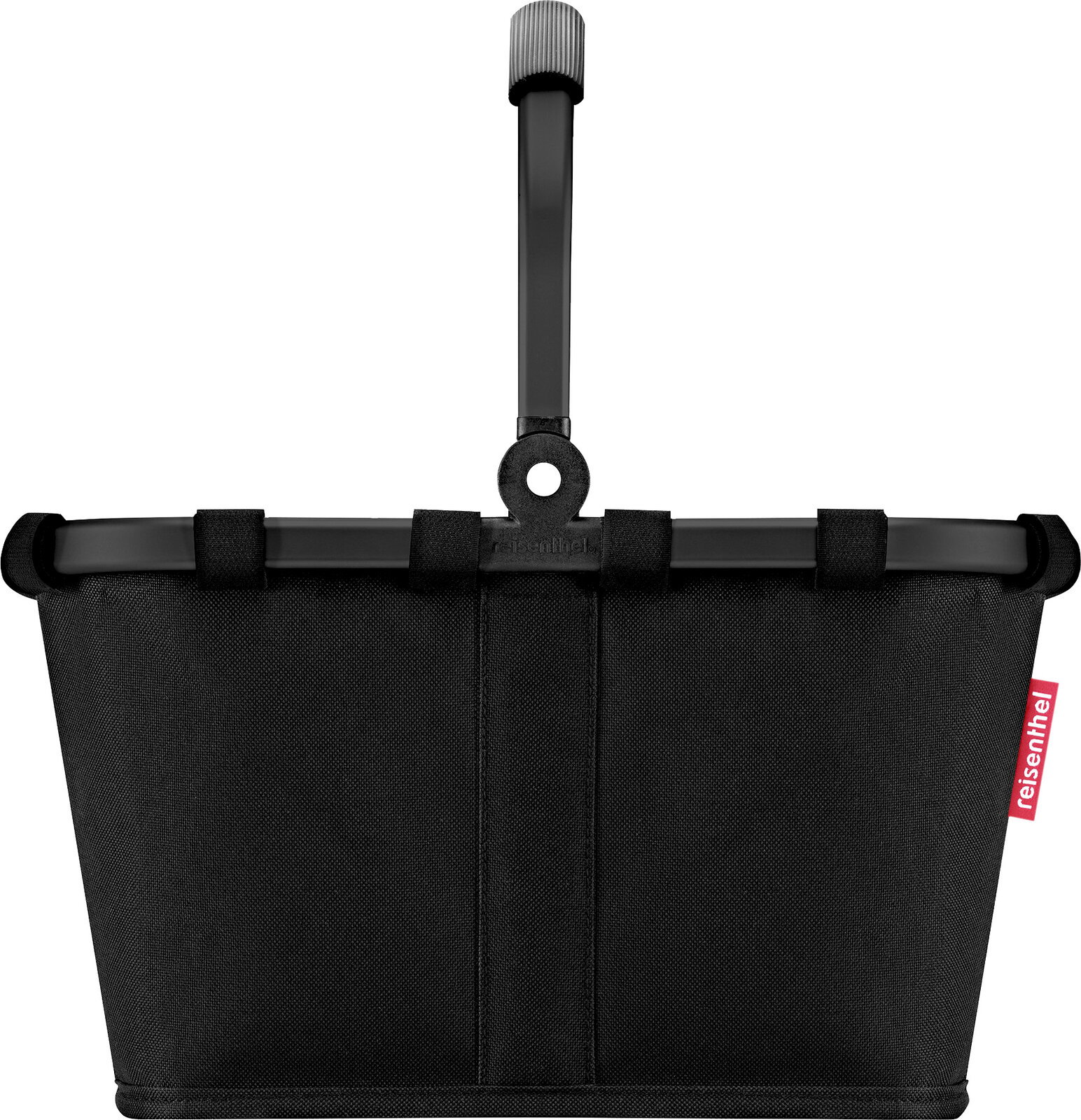 Schwarzer Reisenthel Einkaufskorb aus Stoff mit stabilem Rahmen und zentralem Tragegriff, Frontansicht auf weißem Hintergrund.