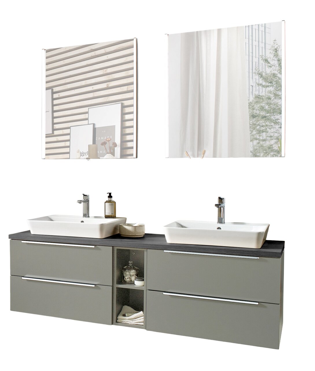 Moderne Badkombination mit zwei Waschbecken, grauen Schubladen und offenen Regalfächern, frontal betrachtet.