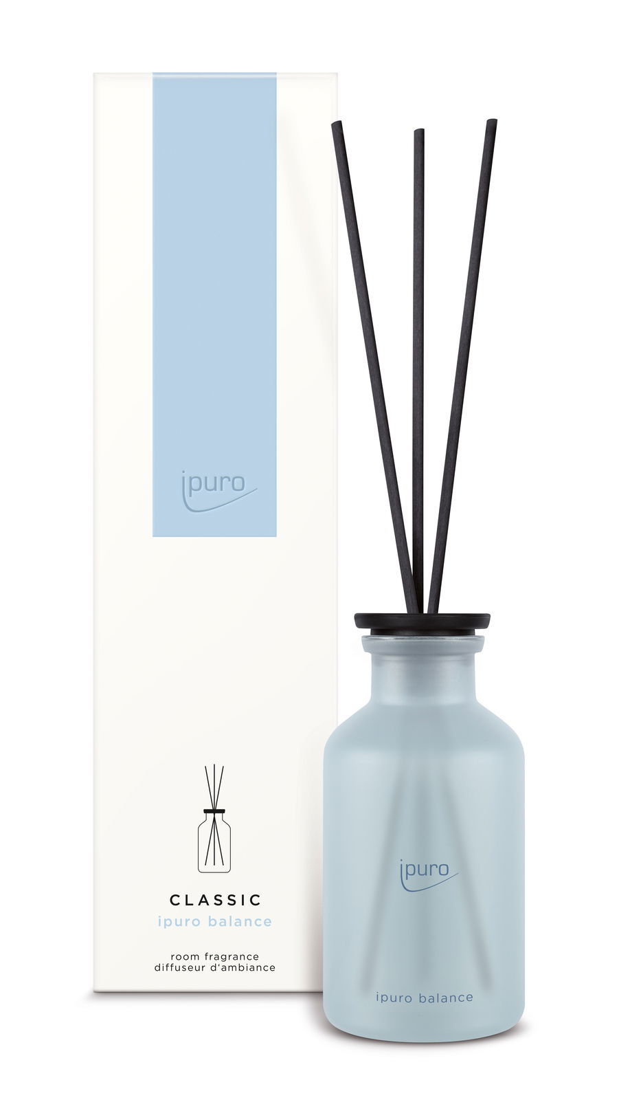 Raumduft Classic Balance von ipuro, 240ml, mit eleganter blauer Flasche und schwarzen Duftstäbchen, frontal abgebildet.