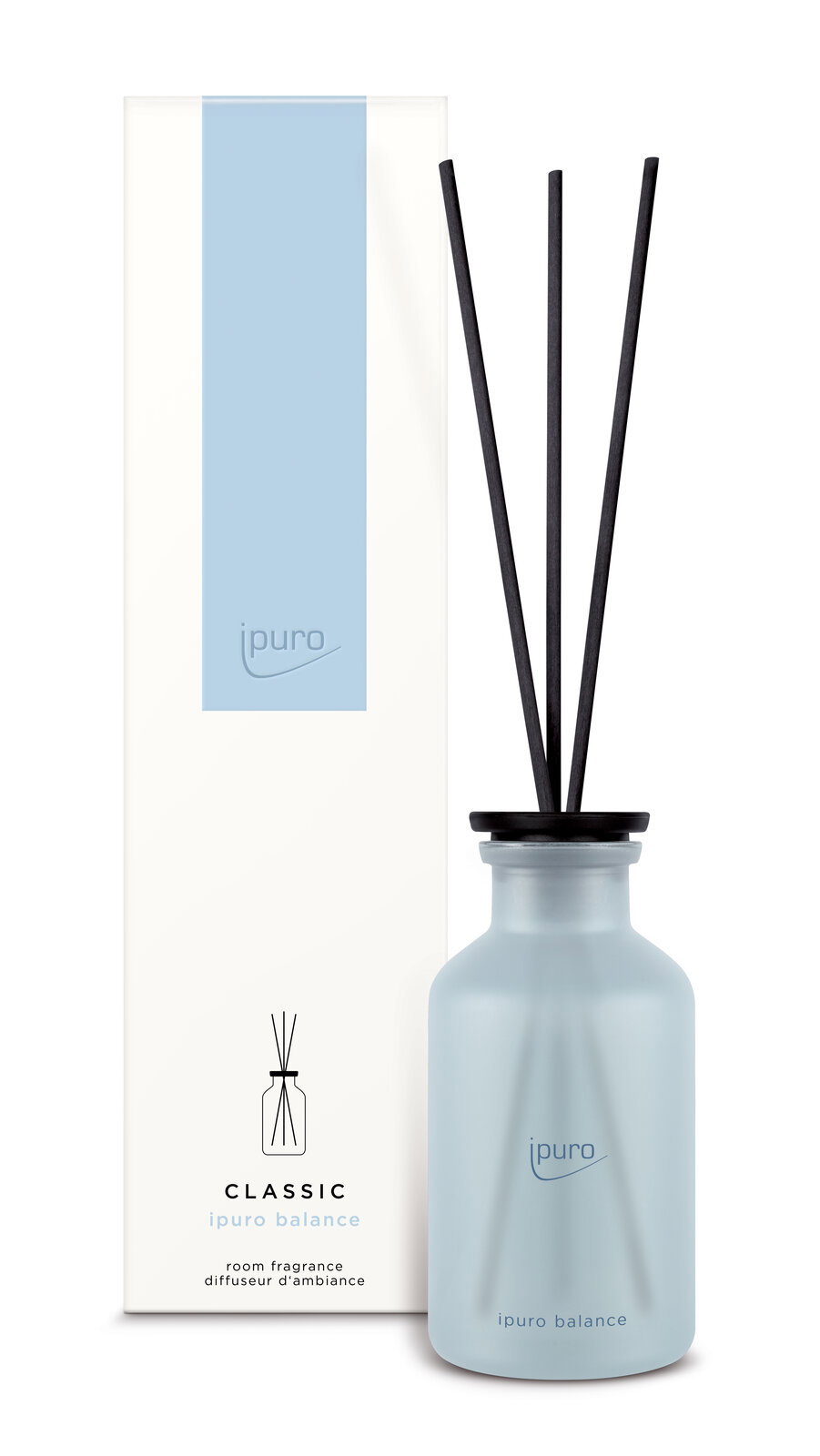 Raumduft Classic Balance von ipuro, 240ml, mit eleganter blauer Flasche und schwarzen Duftstäbchen, frontal abgebildet.