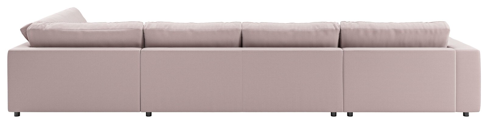 Rückansicht einer Polsterrundecke in hellem Stoff mit geripptem Muster, drei Rückenkissen und schwarzen Füßen.