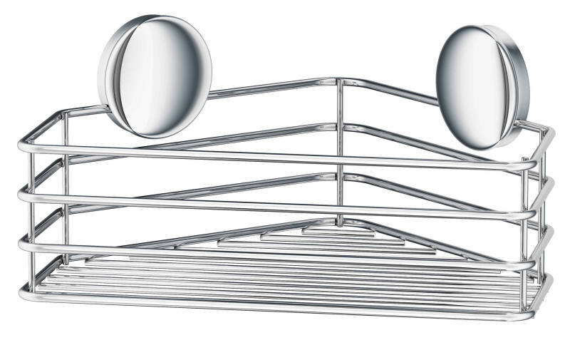 Verchromter Eckseifenkorb mit zwei runden Befestigungen, seitliche Perspektive