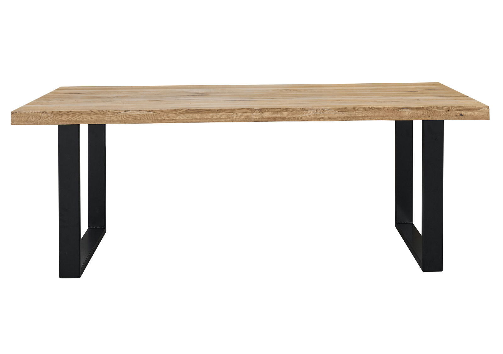 Moderner Esstisch mit Holzplatte und schwarzen Metallbeinen, seitliche Perspektive