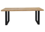 Moderner Esstisch mit Holzplatte und schwarzen Metallbeinen, seitliche Perspektive