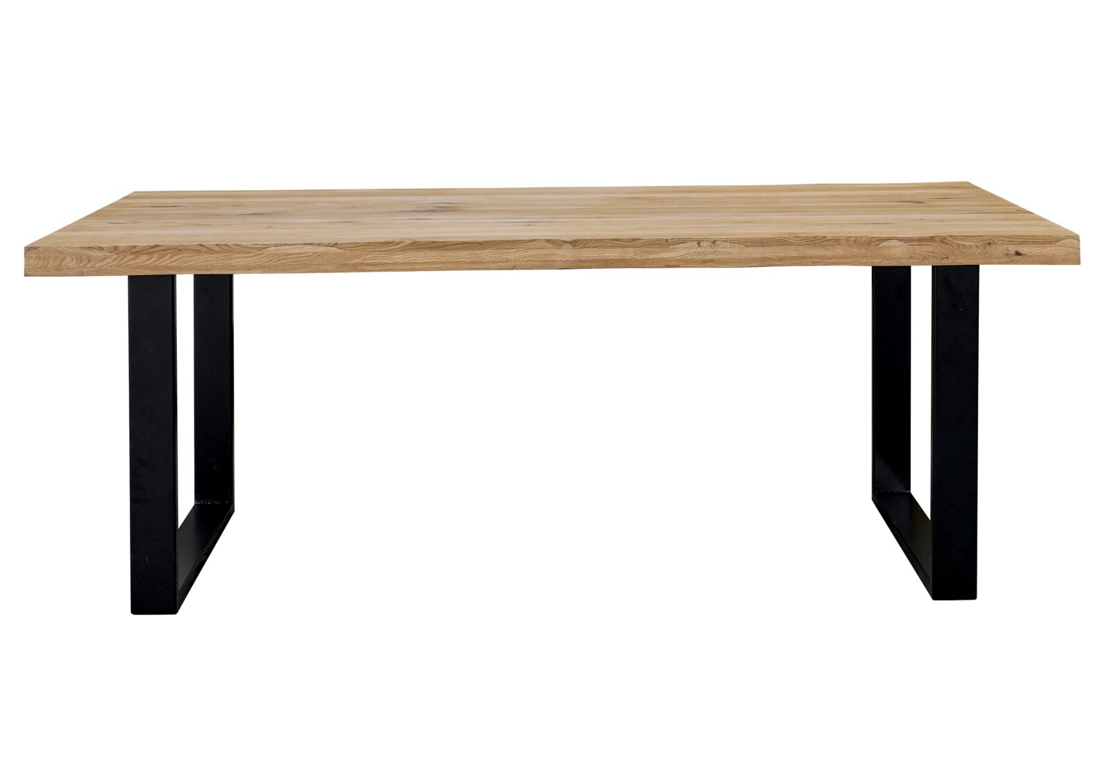 Moderne eettafel met houten blad en zwarte metalen poten, zijaanzicht