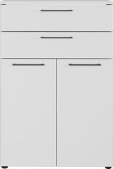 Moderner weißer Aktenschrank mit zwei Schubladen und zwei Türen, Frontalansicht