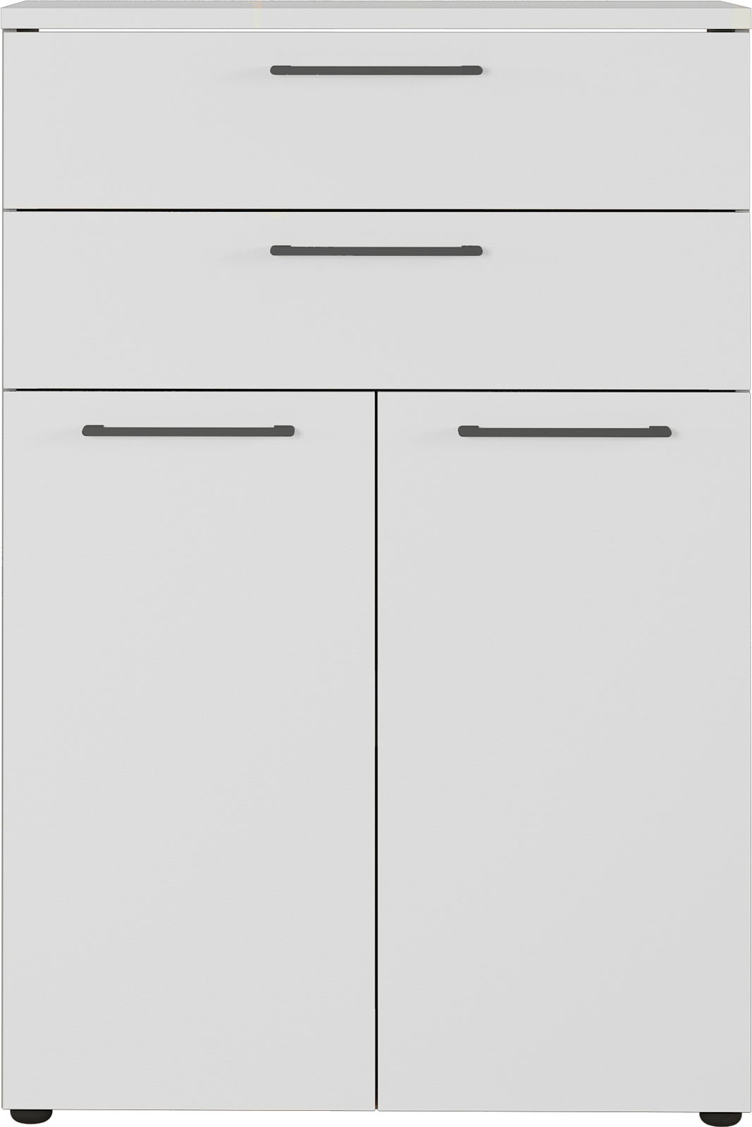 Moderner weißer Aktenschrank mit zwei Schubladen und zwei Türen, Frontalansicht