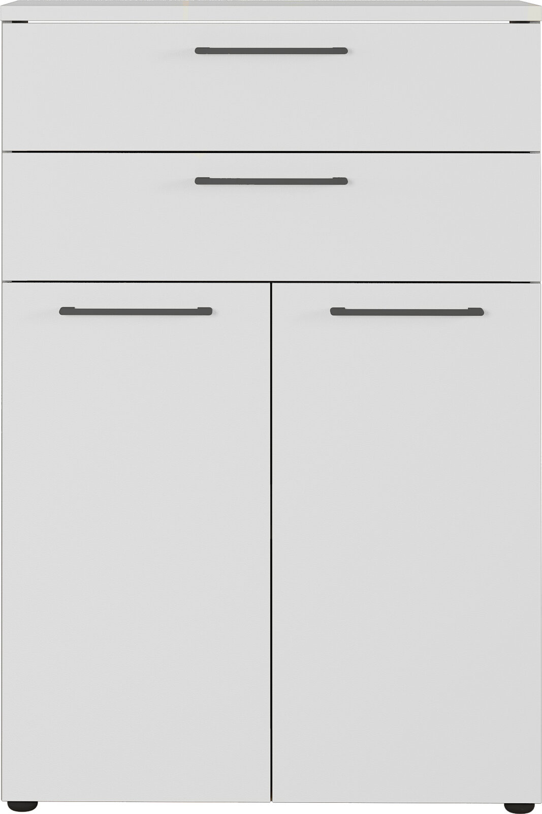 Moderner weißer Aktenschrank mit zwei Schubladen und zwei Türen, Frontalansicht