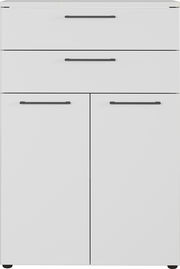 Moderner weißer Aktenschrank mit zwei Schubladen und zwei Türen, Frontalansicht