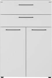 Moderner weißer Aktenschrank mit zwei Schubladen und zwei Türen, Frontalansicht