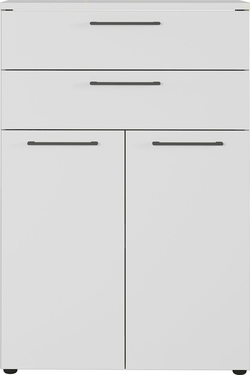 Moderner weißer Aktenschrank mit zwei Schubladen und zwei Türen, Frontalansicht
