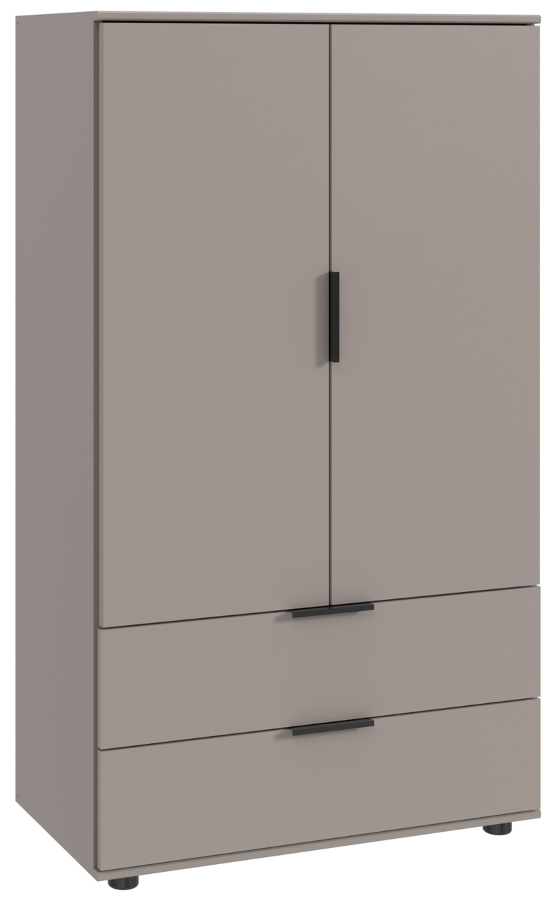 Graue Kommode mit zwei Türen und drei Schubladen, frontale Ansicht