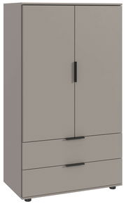 Graue Kommode mit zwei Türen und drei Schubladen, frontale Ansicht