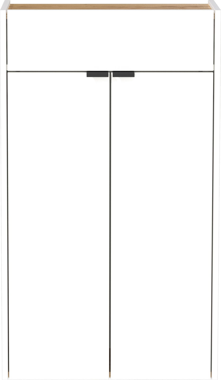 Moderner Hängeschuhschrank in Weiß mit Holzoberfläche, Frontalansicht