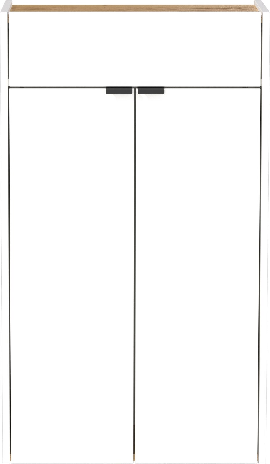 Moderner Hängeschuhschrank in Weiß mit Holzoberfläche, Frontalansicht