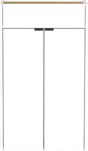 Moderner Hängeschuhschrank in Weiß mit Holzoberfläche, Frontalansicht