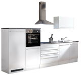 Moderner Küchenblock in Edelstahloptik mit integriertem Backofen, Dunstabzugshaube und Spüle, seitliche Perspektive.