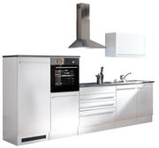 Moderner Küchenblock in Edelstahloptik mit integriertem Backofen, Dunstabzugshaube und Spüle, seitliche Perspektive.