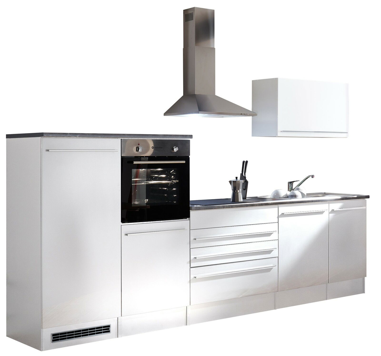 Yourkitchen Küchenblock 320 JAZZ Moderner Küchenblock in Edelstahloptik mit integriertem Backofen, Dunstabzugshaube und Spüle, seitliche Perspektive.