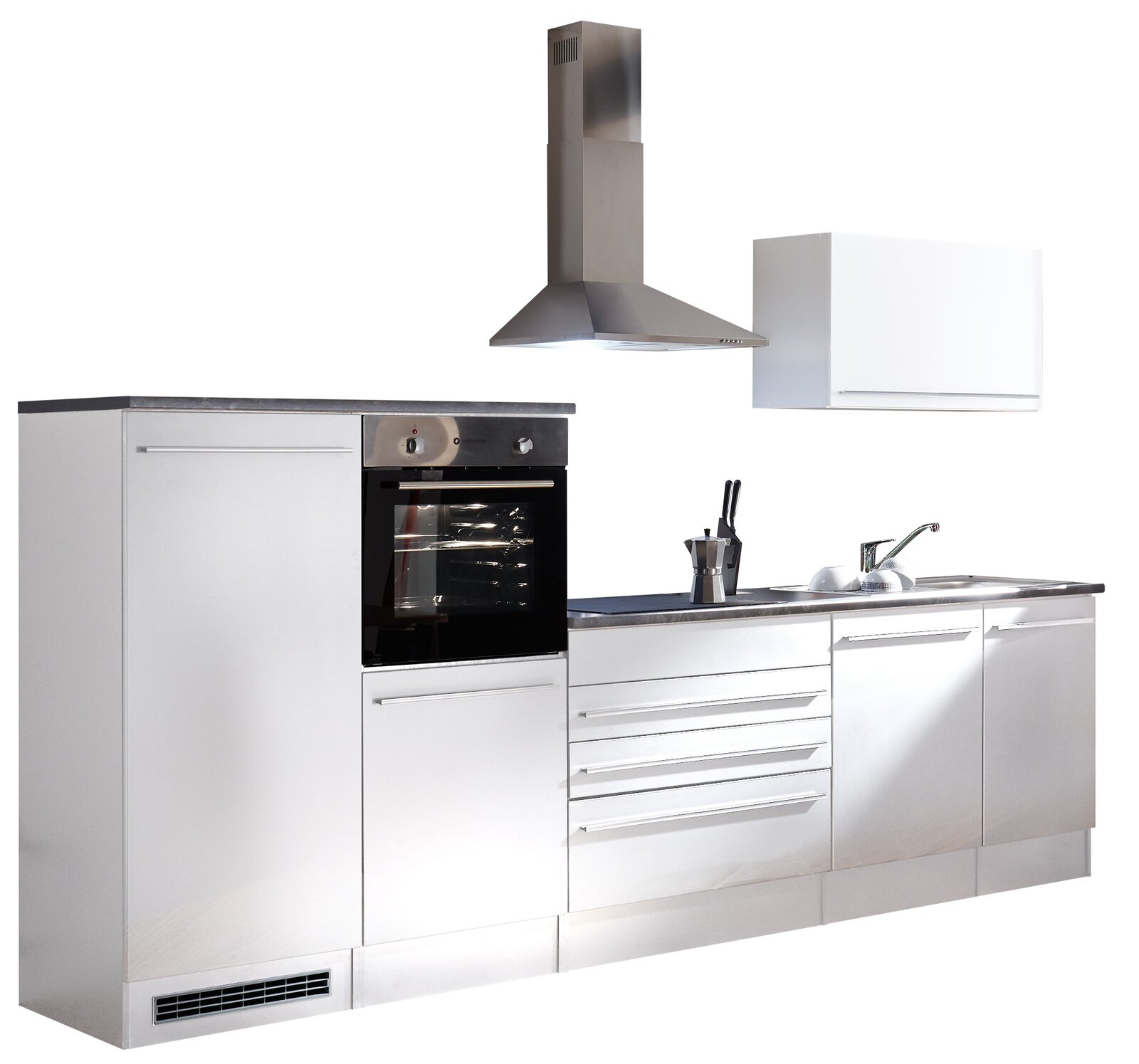 Yourkitchen Küchenblock 320 JAZZ Moderner Küchenblock in Edelstahloptik mit integriertem Backofen, Dunstabzugshaube und Spüle, seitliche Perspektive.