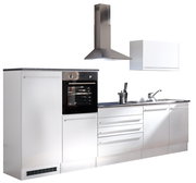 Moderner Küchenblock in Edelstahloptik mit integriertem Backofen, Dunstabzugshaube und Spüle, seitliche Perspektive.