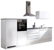 Moderner Küchenblock in Edelstahloptik mit integriertem Backofen, Dunstabzugshaube und Spüle, seitliche Perspektive.