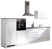 Modern keukenblok in roestvrijstalen look met ingebouwde oven, afzuigkap en spoelbak, zijaanzicht.