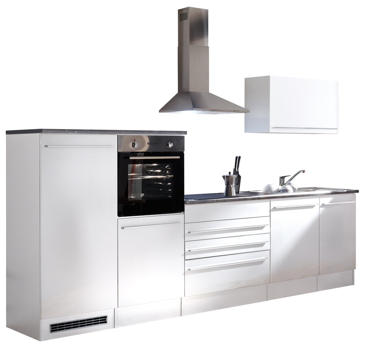 Moderner Küchenblock in Edelstahloptik mit integriertem Backofen, Dunstabzugshaube und Spüle, seitliche Perspektive.