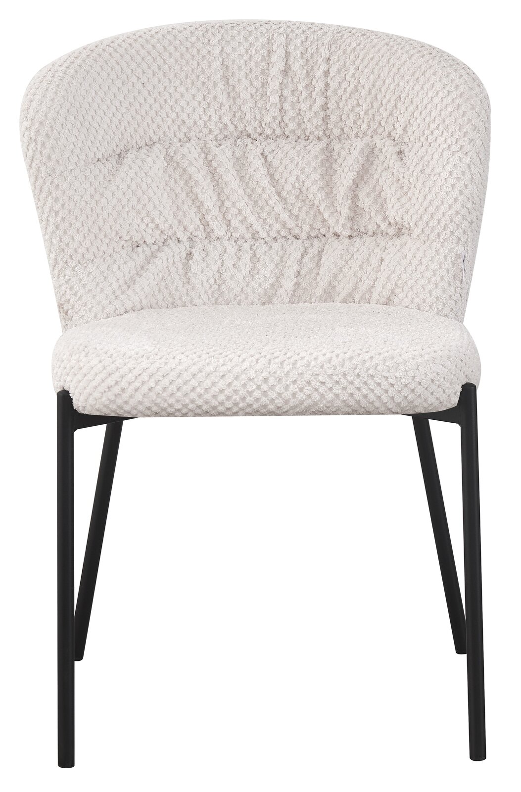 Vorderansicht eines modernen Stuhls mit schwarzem Metallgestell und gepolsterter, cremefarbener Sitzfläche und Rückenlehne.