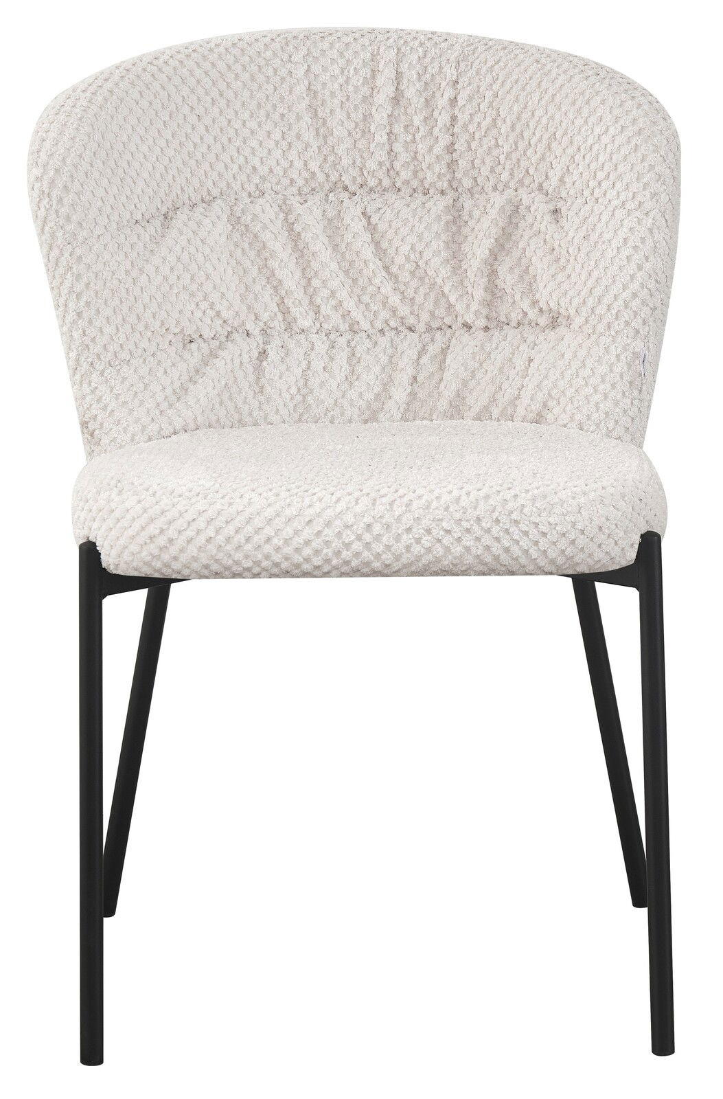 Vorderansicht eines modernen Stuhls mit schwarzem Metallgestell und gepolsterter, cremefarbener Sitzfläche und Rückenlehne.