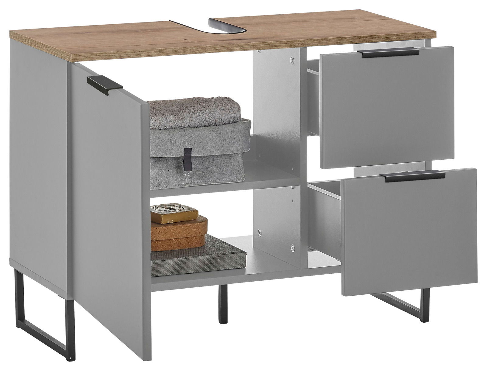 Moderner Waschbeckenunterschrank mit grauen Türen und Schubladen, Holzoberfläche und offenen Fächern, perspektivisch von vorne links gezeigt.