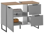 Moderner Waschbeckenunterschrank mit grauen Türen und Schubladen, Holzoberfläche und offenen Fächern, perspektivisch von vorne links gezeigt.