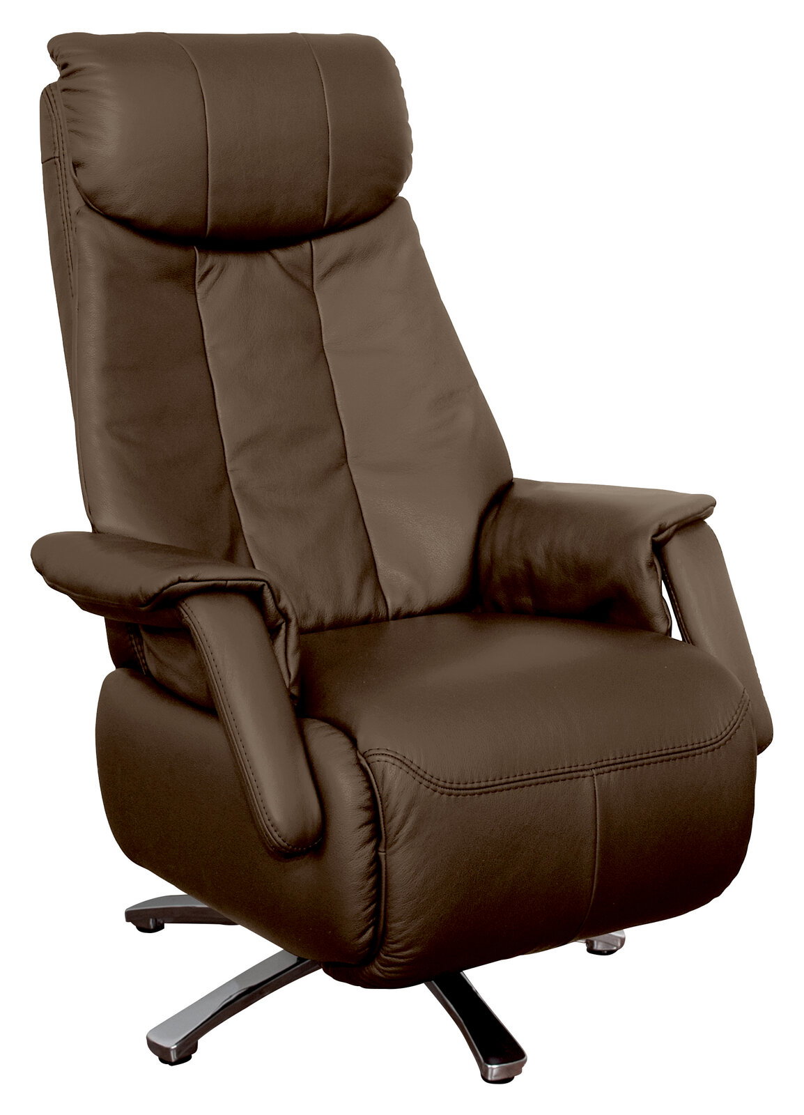 Brauner TV-Sessel aus Leder mit hoher Rückenlehne und verstellbaren Armlehnen, Vorderansicht