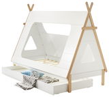 Weißes Kinderbett in Zeltform mit Holzdetails und ausziehbarer Schublade, seitliche Perspektive