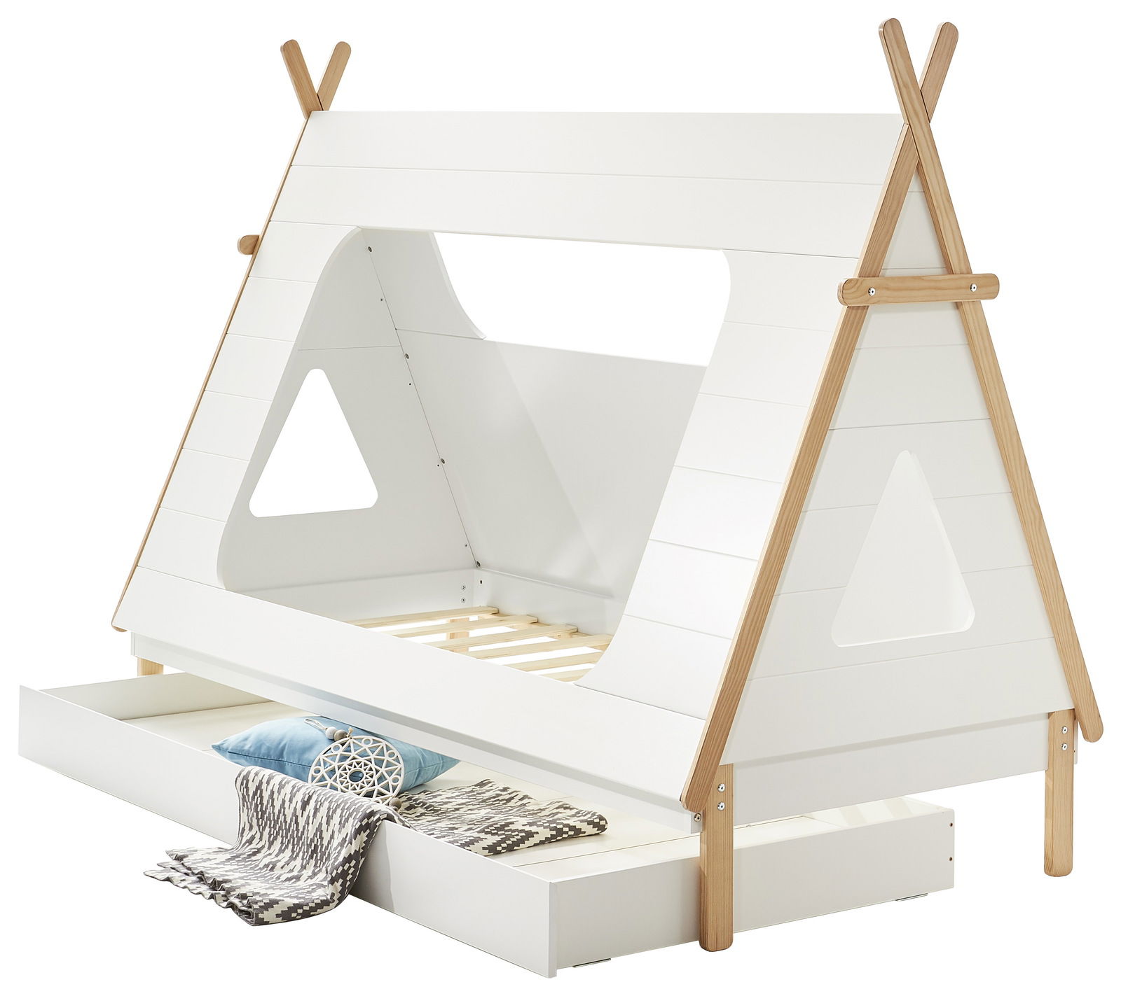 Weißes Kinderbett in Zeltform mit Holzdetails und ausziehbarer Schublade, seitliche Perspektive