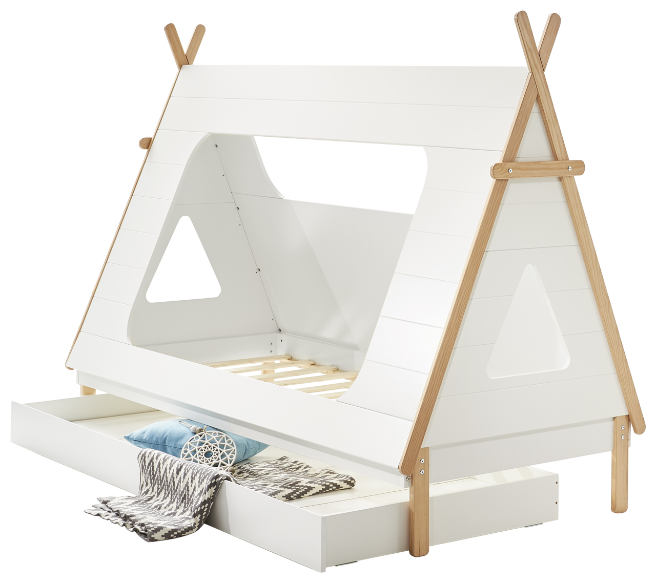 Weißes Kinderbett in Zeltform mit Holzdetails und ausziehbarer Schublade, seitliche Perspektive