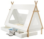 Weißes Kinderbett in Zeltform mit Holzdetails und ausziehbarer Schublade, seitliche Perspektive