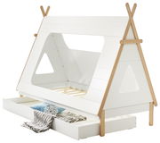 Weißes Kinderbett in Zeltform mit Holzdetails und ausziehbarer Schublade, seitliche Perspektive