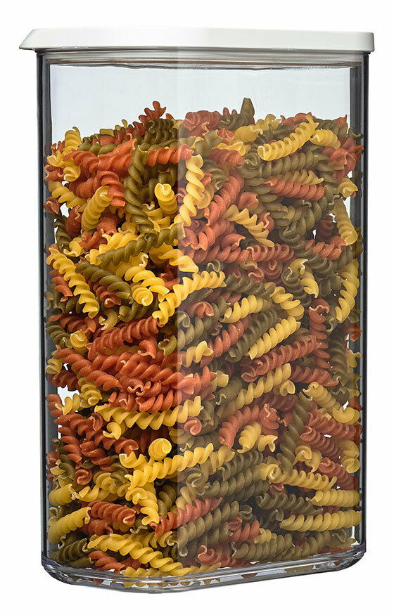 Mepal Vorratsdose 2000ml MODULA Transparente Vorratsdose Modula 2000 ml mit weißem Deckel, gefüllt mit bunten Spiralnudeln, aus der Frontalperspektive.